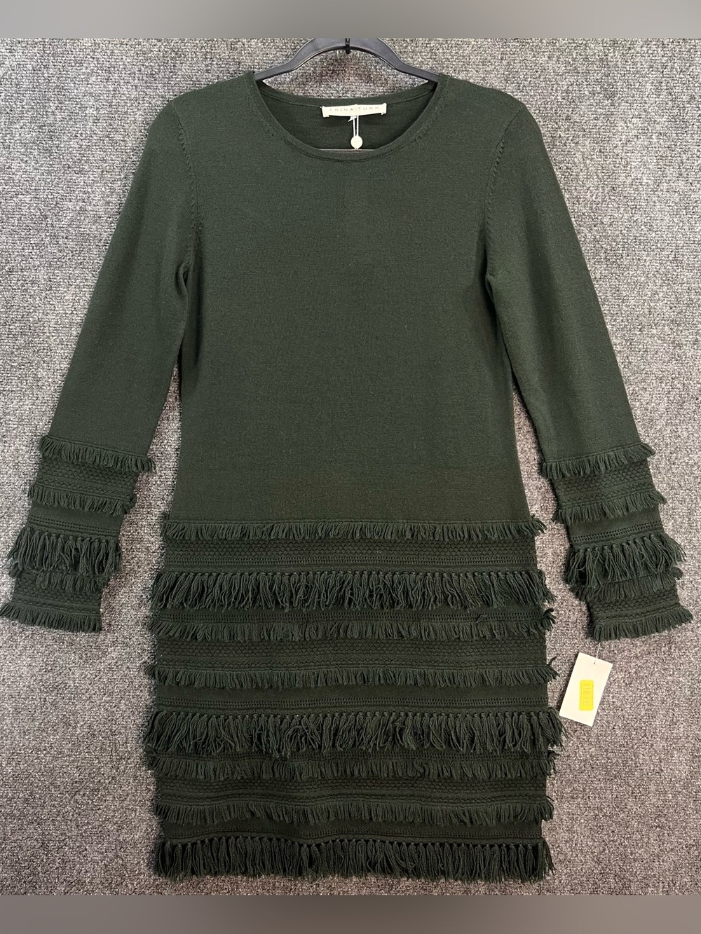 NWT Trina Turk Forest Green Fringe Sass Merino Wool Dress Small L/S Holiday Fall